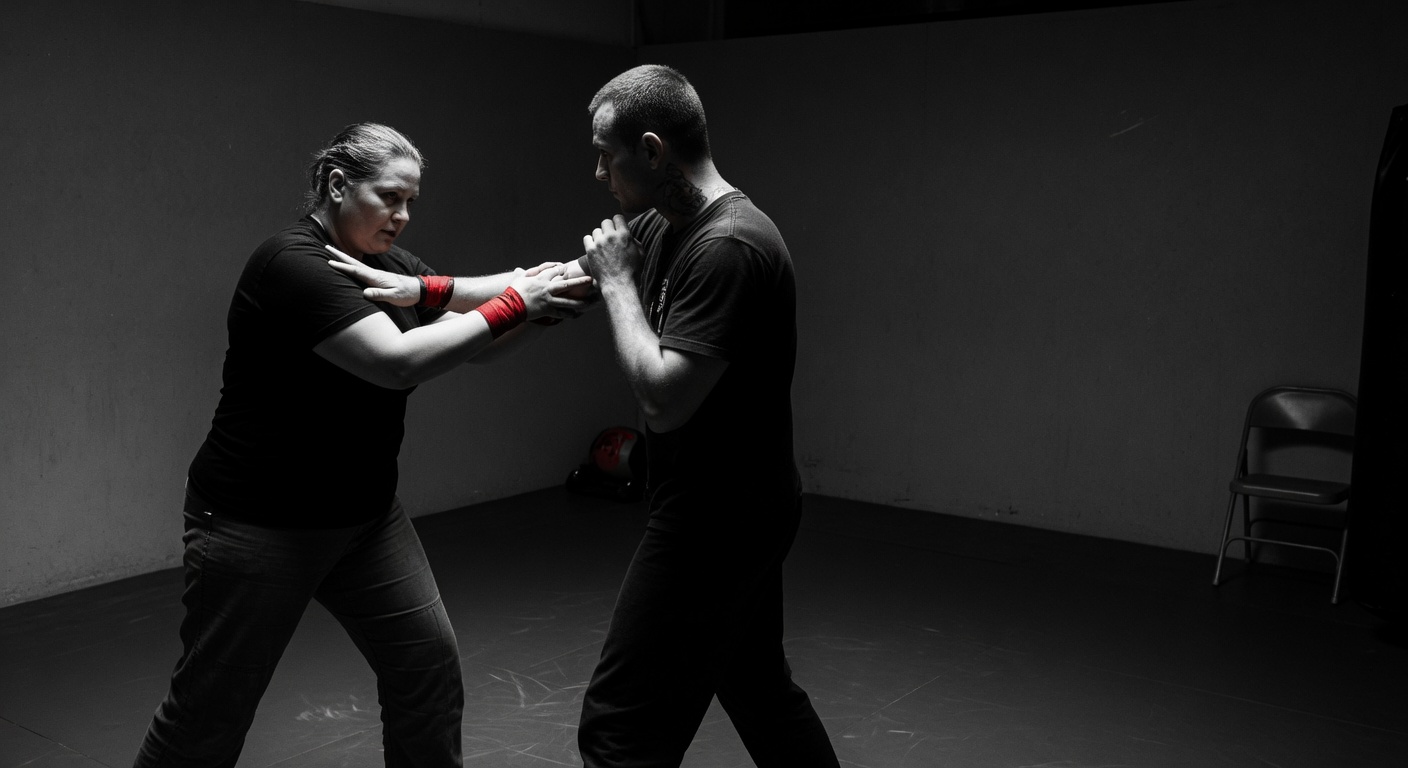 An instructor demonstrating a controlled self-defense technique to adult students.